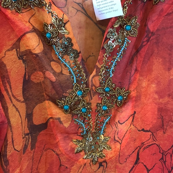 🚫SOLD🚫Soft Surroundings Orange Sheer Beaded Caftan or Swim Cover PL/PXL - Picture 3 of 9